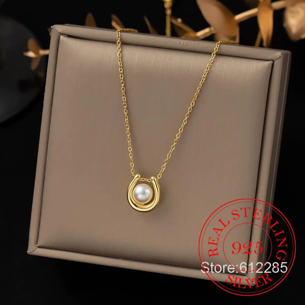 Gioielli in argento sterling 925 Collana con ciondolo di perle vintage placcata oro 18 carati per le donne Collana girocollo con catena regalo di gioielli per feste di nozze