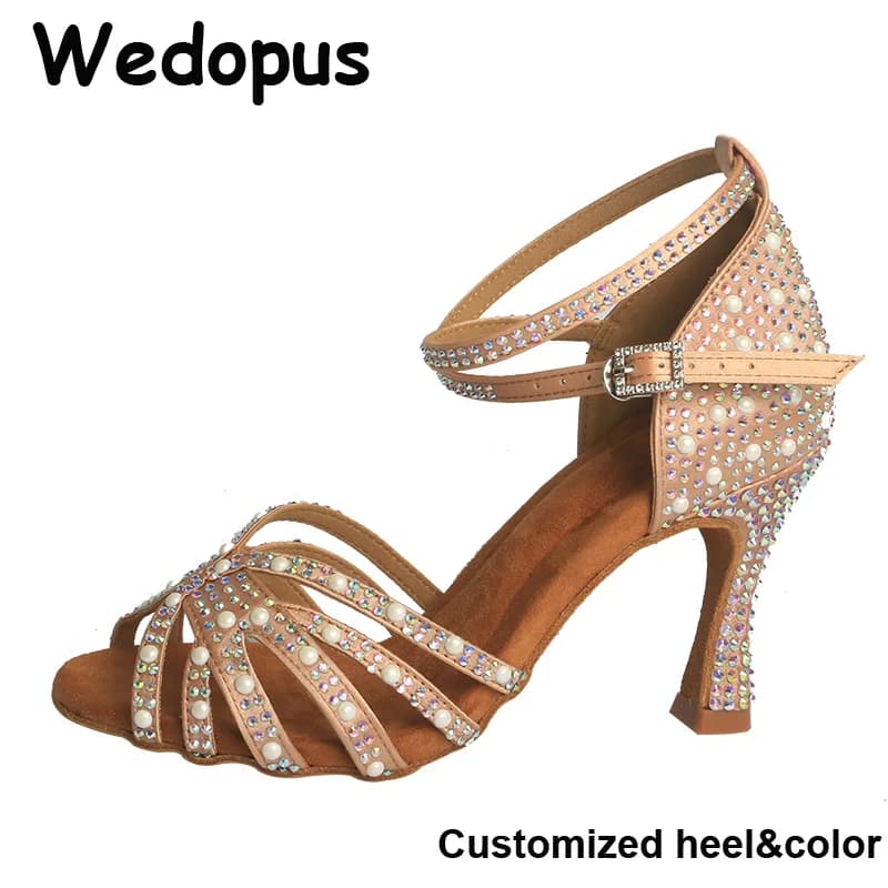 Wedopus Scarpe da ballo da donna in raso con strass lucidi, suola morbida, sandali da matrimonio latino, scarpe da ballo salsa con tacco 9 cm