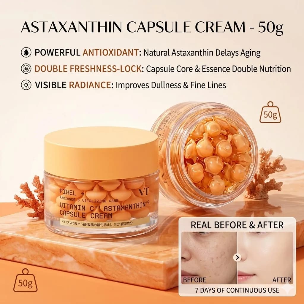 Crema in Capsule con Vitamina C e Astaxantina, Crema Antiossidante a Doppio Effetto Fresh-Lock, Dosaggio Preciso Portatile, Idratante e Illuminante per la Cura della Pelle