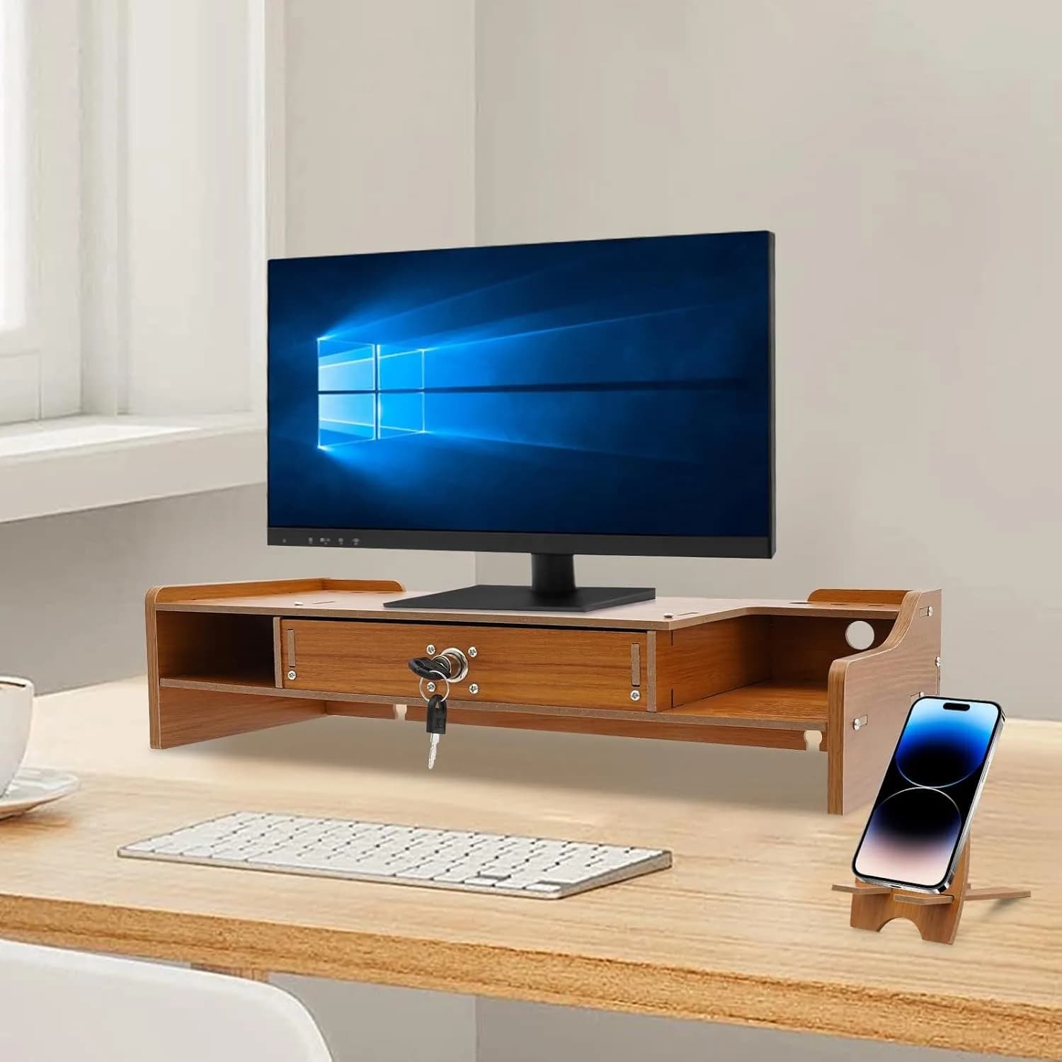 Computer monitor stand, computer rack with lock drawer, monitor stand, computer desk with adjustable height wooden table organizer