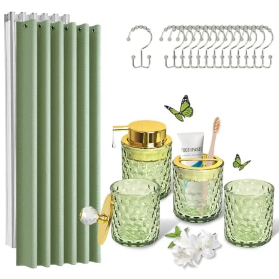 Set di Accessori per il Bagno 5 Pezzi Verde Salvia con Tenda Doccia, Dispenser Sapone, Porta Spazzolino, Bicchiere e Altro