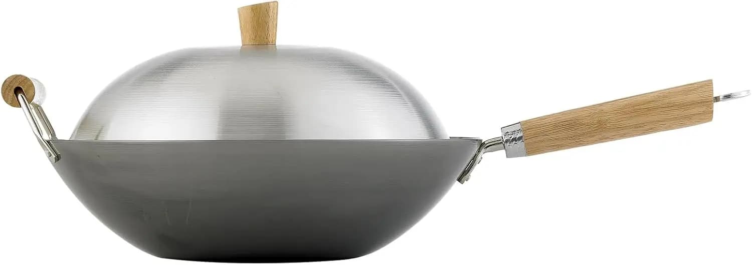 Wok in Acciaio al Carbonio da 13,5 Pollici con Coperchio e Accessori - Fondo Piatto Antiaderente per Saltare in Padella, Adatto a Tutti i Tipi di Fornelli