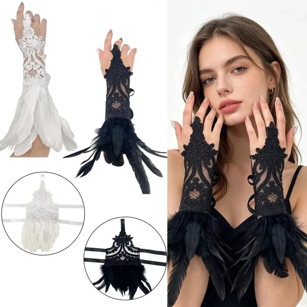 Fashion Witch Halloween Feather Gloves Lace Fingerless Halloween Feather Cuffs Embroidery Dark Halloween Wristband Festival