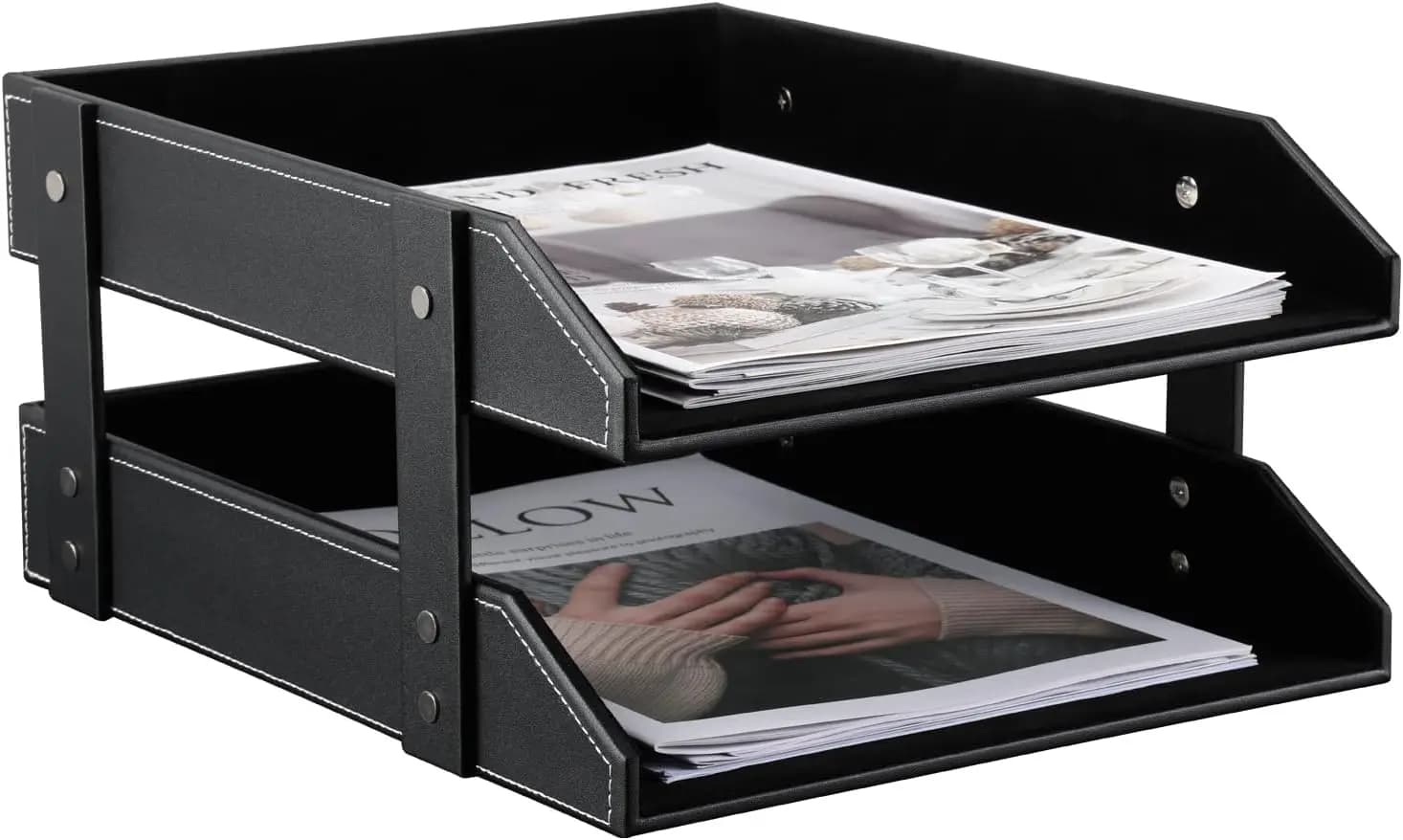 Organizzatore in Pelle per Documenti, Porta File da Scrivania in Legno, Classificatore Impilabile per Riviste per Casa o Ufficio - 2 Livelli Nero