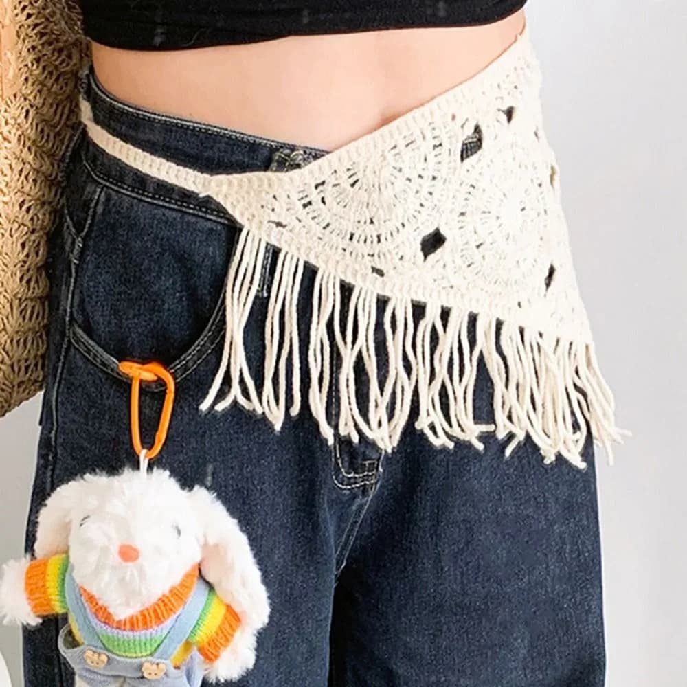 Bohemian Knitted Back Flap Ethnic Style Hand-knitted Triangular Scarf Tie Straps Hollowing Out Crocheted Tassel Hip Apron