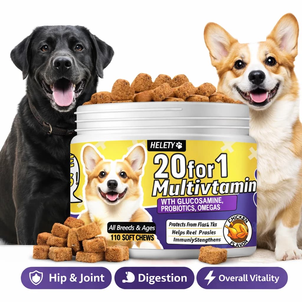 Multivitamin supplement 20-in-1 for Dogs, Soft Tablets for Skin, Pele, Immunite System and Intestinal Health, Vitamins, Minerals, Omega-3, Iron and Zinc