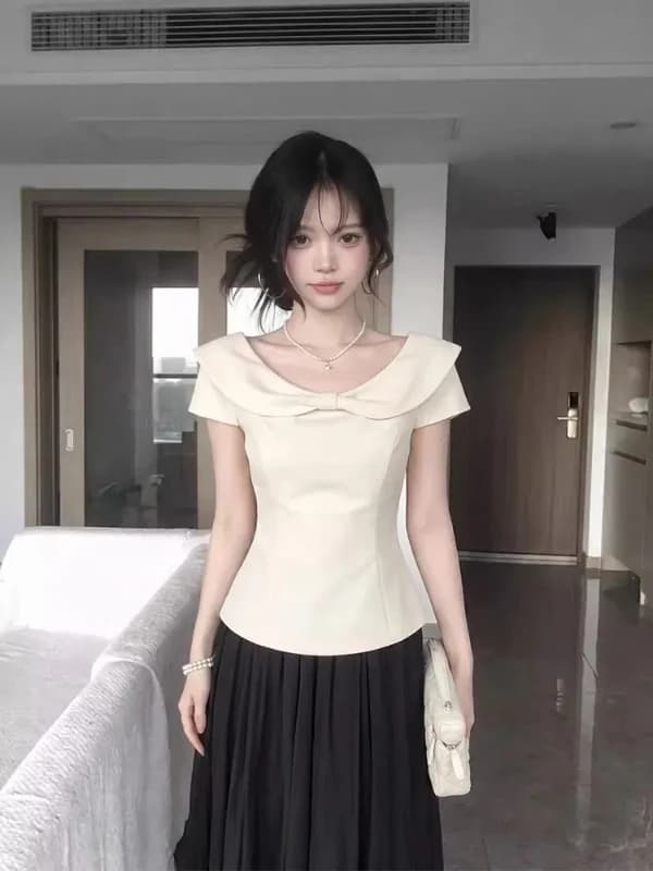 Korean Style plus Size T-Shirt with Bowknot Doll Collar Short Sleeve Slimming Waist Design Comfortable Breathable Women's Top