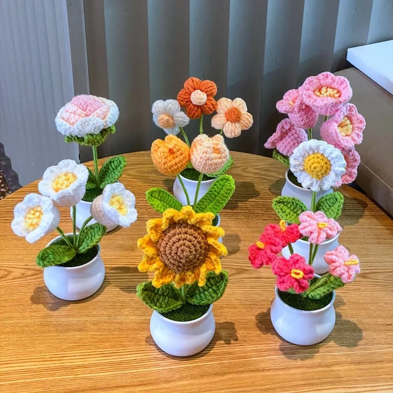 1/2/4 pezzi fai da te tessuti a mano mini fiore in vaso rosa desktop da ufficio piante ornamentali in vaso filo di lana prodotto finito decorazioni per la casa