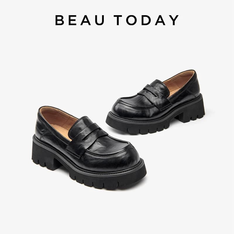 BEAUTODAY Mocassini con plateau Donna Goffratura Scarpe eleganti in pelle di mucca Donna Slip-on Flats Primavera Autunno Fatti a mano 26635