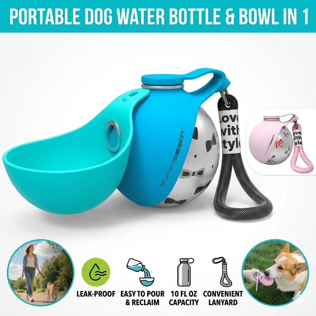 Borraccia Portatile 2-in-1 per Cani da 300ml in Acciaio Inossidabile, Ciotola da Viaggio Anti-Perdita in Silicone Alimentare, Canteen per Animali Domestici per Escursioni e Passeggiate