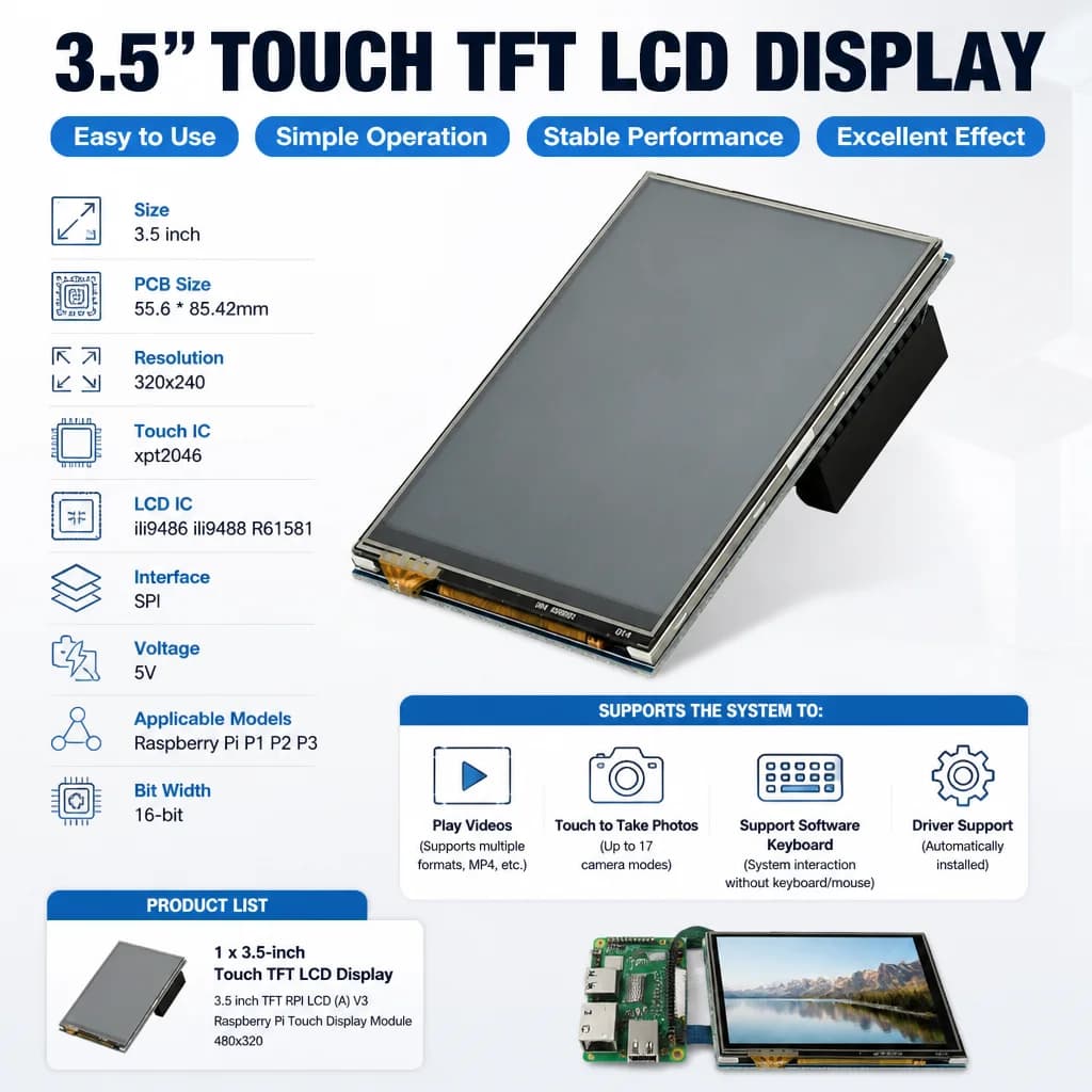 3.5 Inch TFT RPI LCD (A) V3 Touch Display Module 480x320 SPI Interface XPT2046 ILI9486 for Raspberry Pi P1 P2 P3 Video Playback Camera Function
