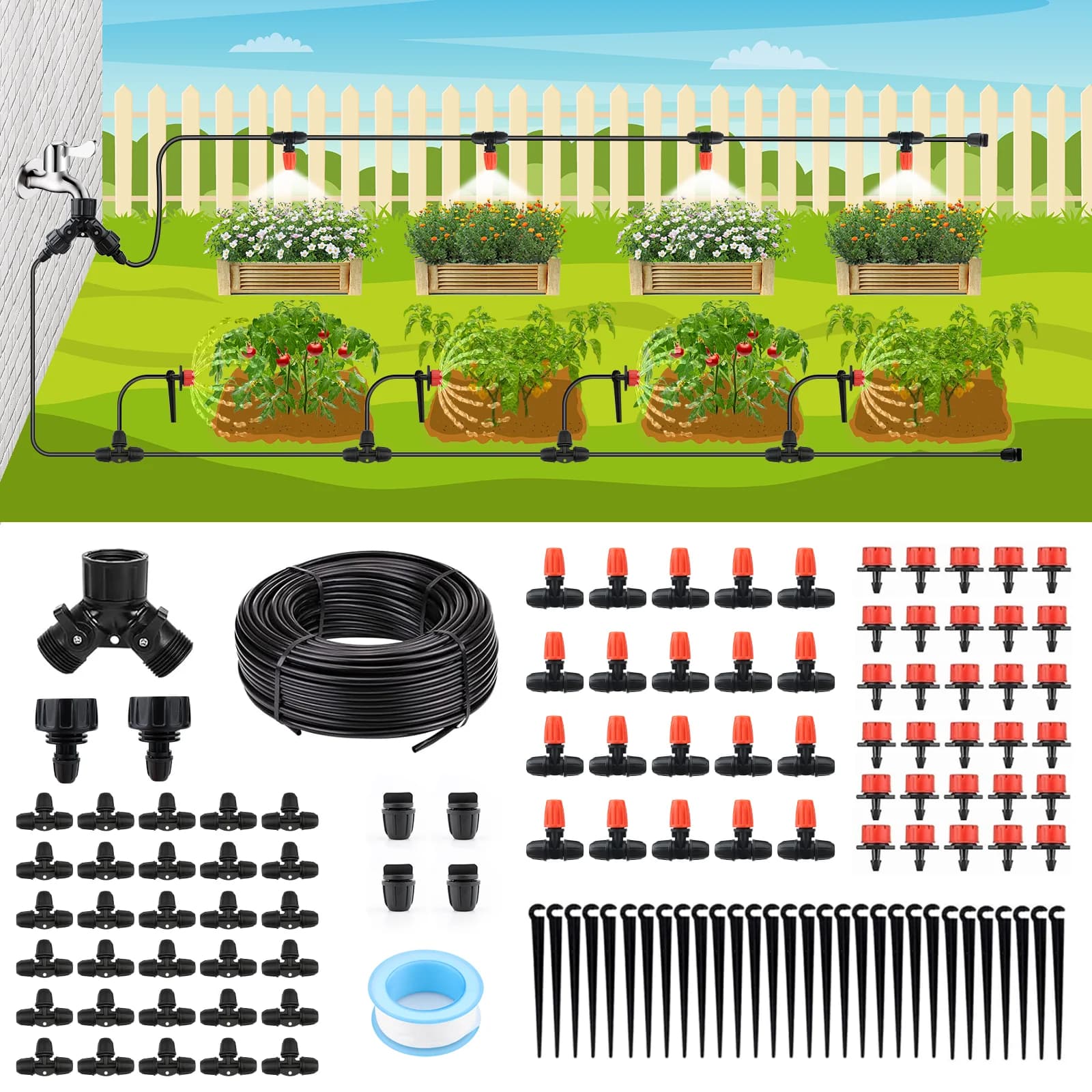 98FT/29,9M Drip irrigation system Micro automotive irrigation system with connection blocked with hose and nebulization nozzle for garden