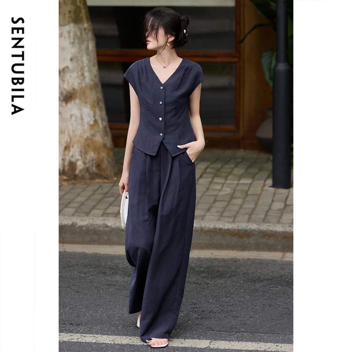 Completo Donna SENTUBILA 2 Pezzi Stile Francese 2026 Casual con Top Corto Senza Maniche a V e Pantaloni a Gamba Larga Estivi Q52ZA2656
