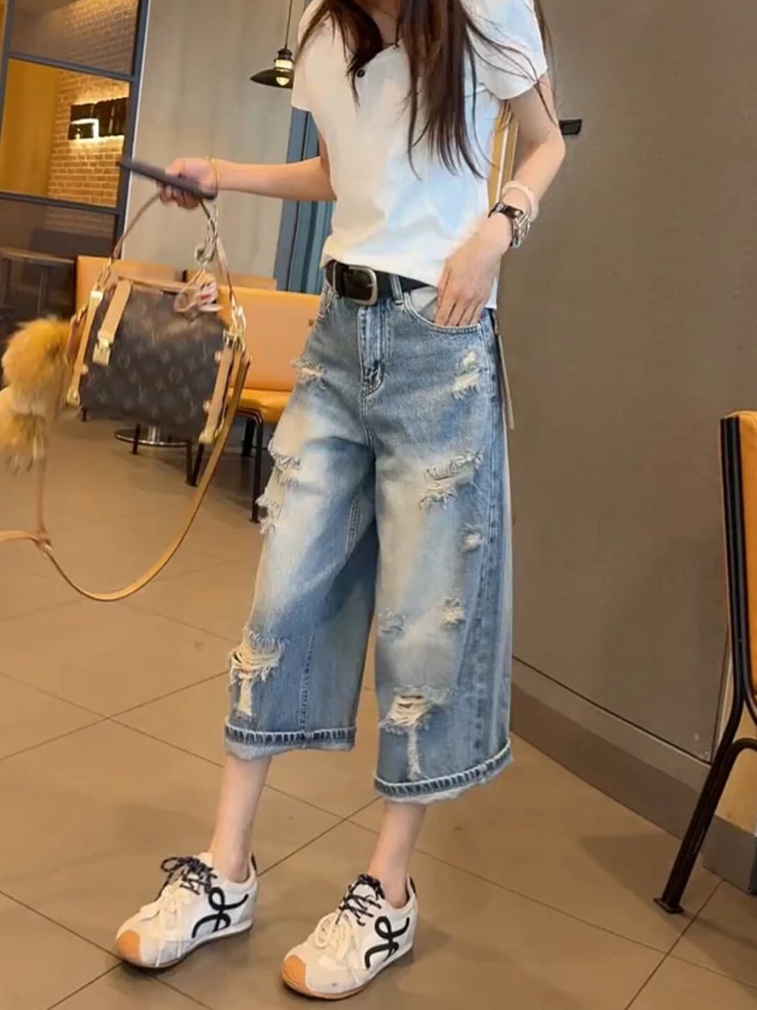 plus Size Ripped Wide Leg Jeans Women Summer Thin New Loose Straight Cut Casual Pants High Waist Denim Fabric Casual Style
