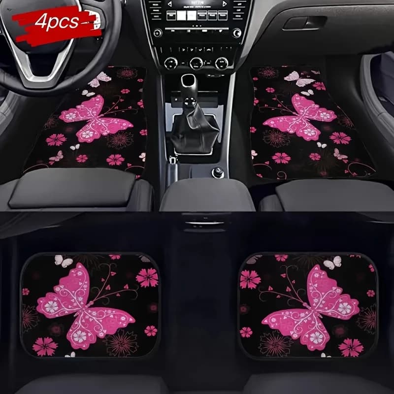 Set di 4 tappetini per auto a tema farfalla rosa, carini e romantici, adatti per berline, SUV, tappetini antiscivolo per tutte le stagioni, interni.