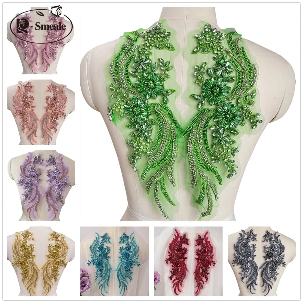 Trapano per vetro cucito a mano multicolore, fiori a specchio, cinture con strass scintillanti, abito da sposa con spalle, toppa fai da te, RS24493