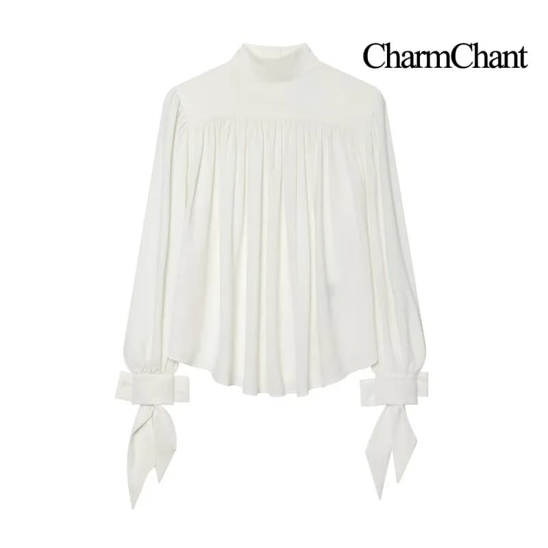 CHARMCHANT Women's Mock Neck Gathered Blouse Long Puff Sleeve Bow Tie Cuff Button Back Shirt for Daily Club Wear Fall 2026