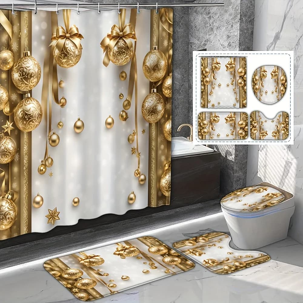 Set doccia natalizio dorato da 4 pezzi, 12 ganci, tappetino da bagno, copriwater, tappeto a forma di U, arredamento per il bagno stagionale
