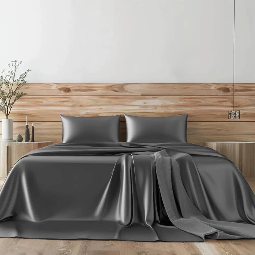 Set di lenzuola di lusso in raso di seta a 4 pezzi con tasche profonde 18 pollici – Design ultra morbido e con cuciture centrali – [Cal King 72" x 84"] – [Grigio Elefante]