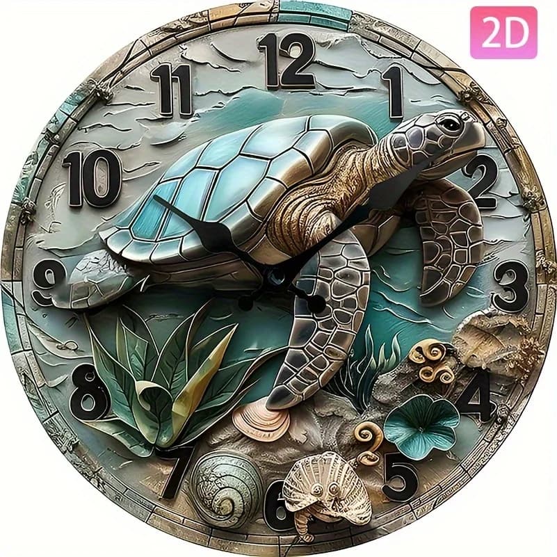 A round wall clock designed with a 3D effect of a marine turtle, silent and without ticking, suitable for home decorations and gifts,