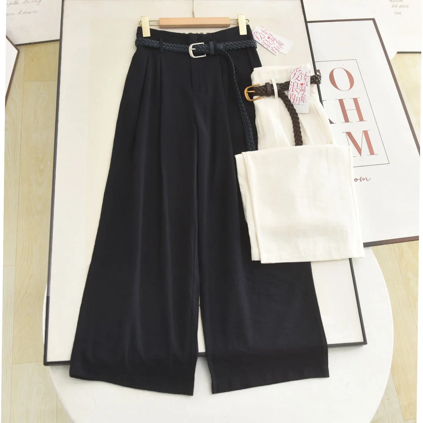 Casual Wide Leg Pants Linen Woven Belt Design Simple Loose Straight Leg Trousers for Women Summer High Waist Zipper