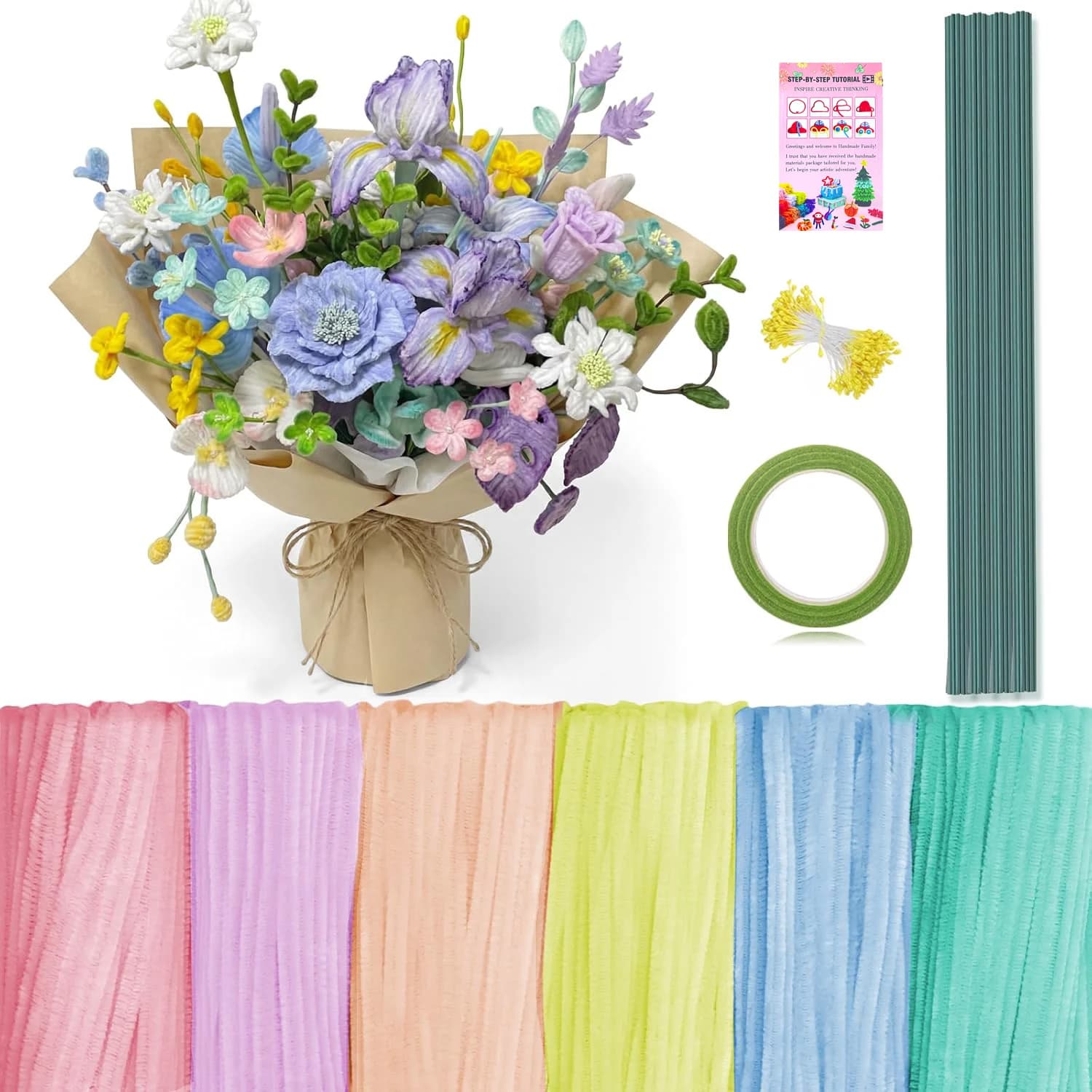 472 Pipe Cleaners Flowers Set, Mixed Colors Chenille Stems Bulk with Floral Wires, Gardening Tape, Stamen，Tutorial card