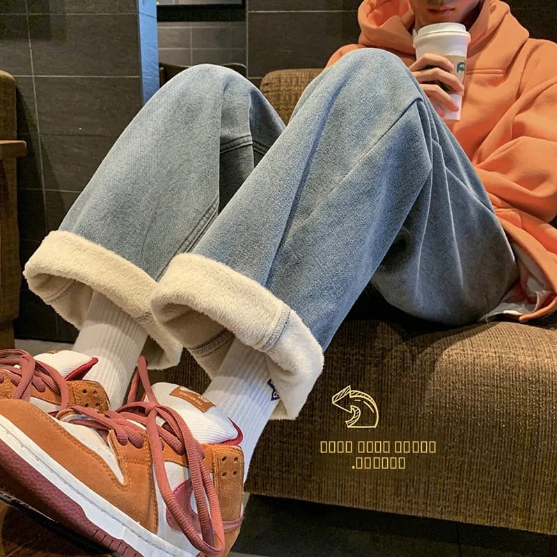 Men's Fleece Lined Thick Denim Pants Autumn Winter Warm Wide Leg Jeans Straight Cut Sports Trousers Anti Wrinkle Casual Wear