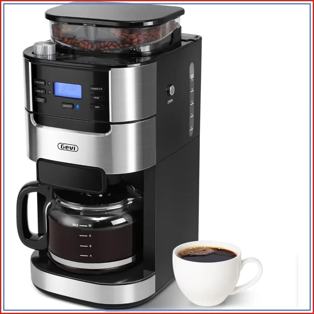 10-Cup Drip Coffee Maker with Built-in Burr Grinder & Programmable Timer, 1.5L Water Tank, Auto Keep-Warm, Reusable Filter - Fresh Ground Coffee Machine
