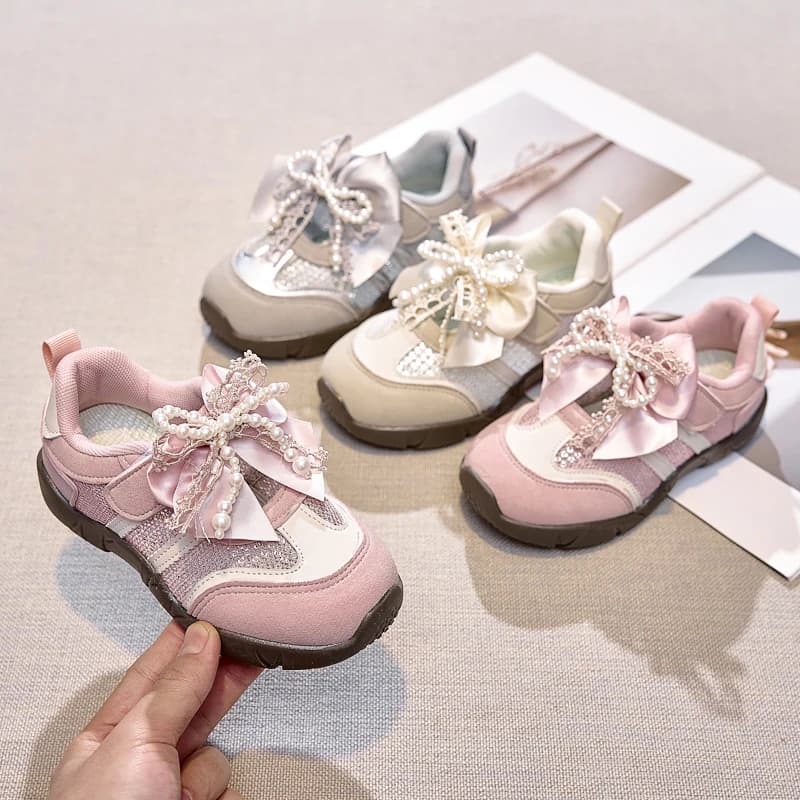 Girls Sneakers Big Bows Beading Children Princess Shoes Casual Mesh Breathable 2025 Brand New Kids Sports Shoes Hook&loop Sweet