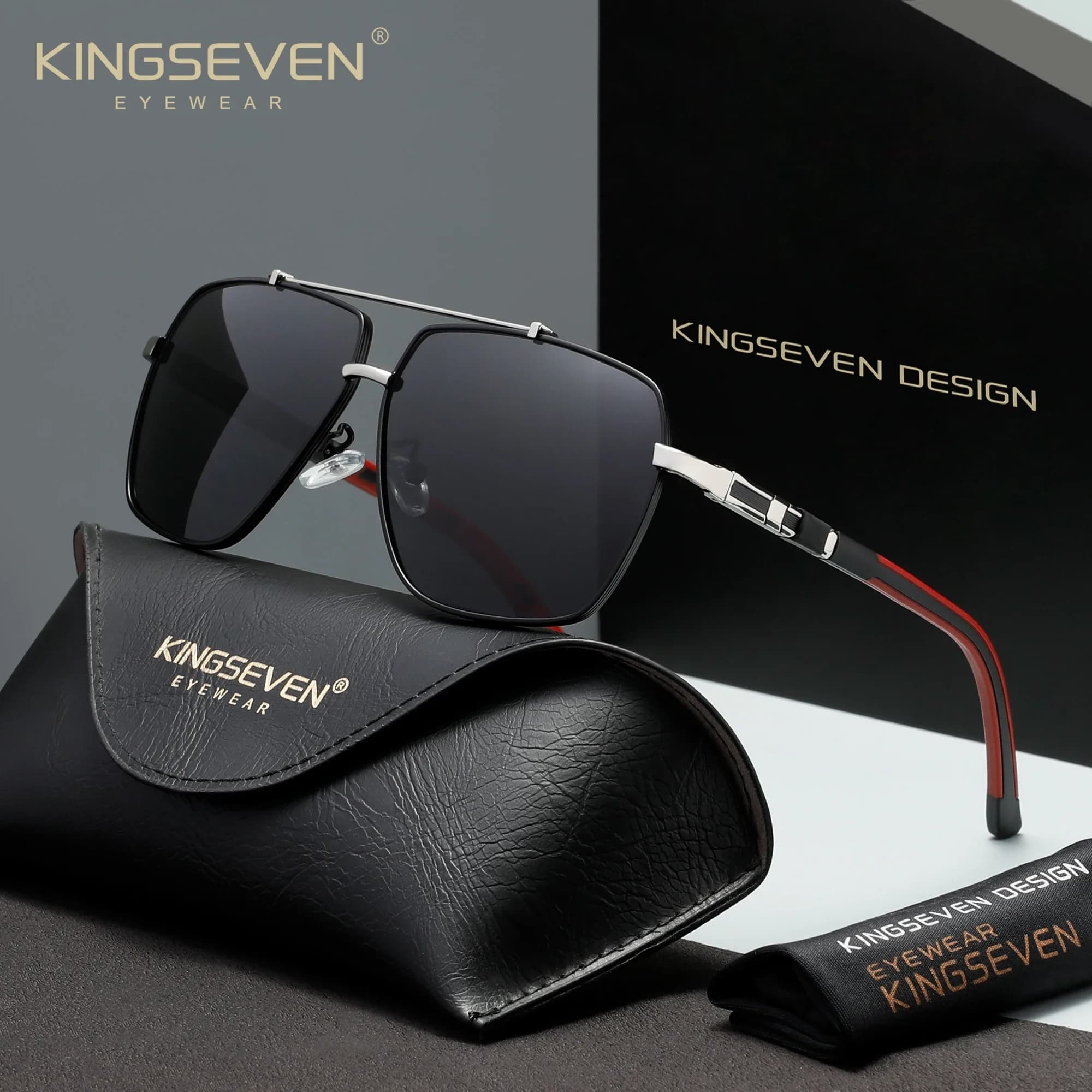 KINGSEVEN Square Large-Frame Fashion Sunglasses UV400 Polarized Pilot Glasses Unisex Outdoor Leisure And Driving Eyewear