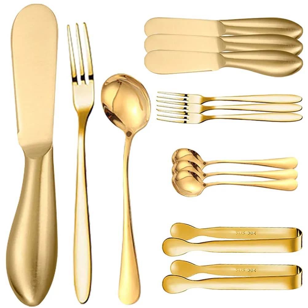 Set of cheese knives, stainless steel blades, polished handles, ergonomic design, essential kitchen accessories, spalmaburro, dessert fork