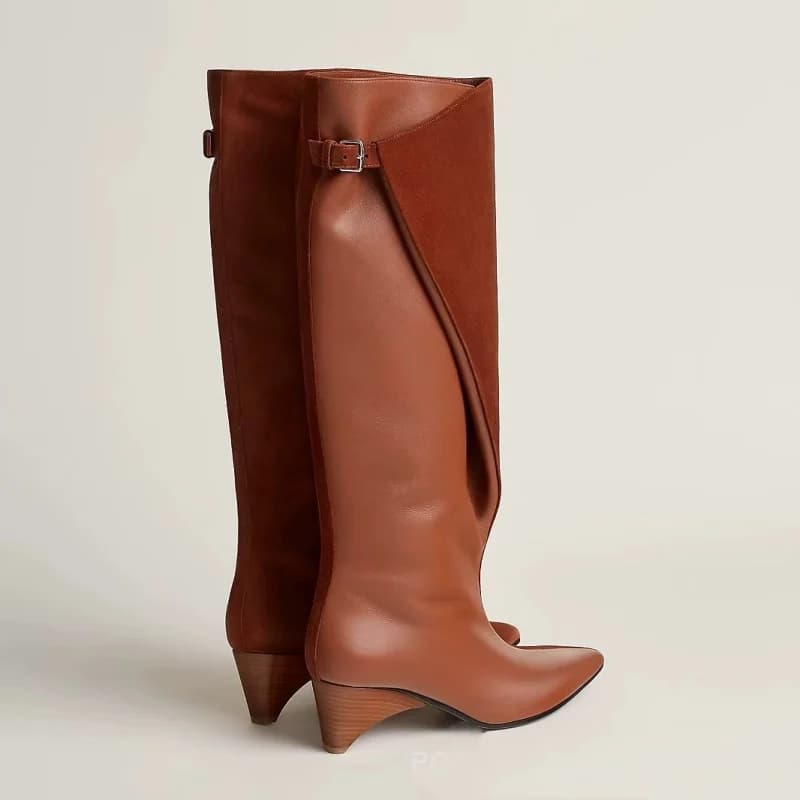 Stivali alti al ginocchio con tacco a spillo patchwork con punta a punta Stivali da donna con tacco medio alto Stivali da passerella oversize Stivali alti da donna Chimneys