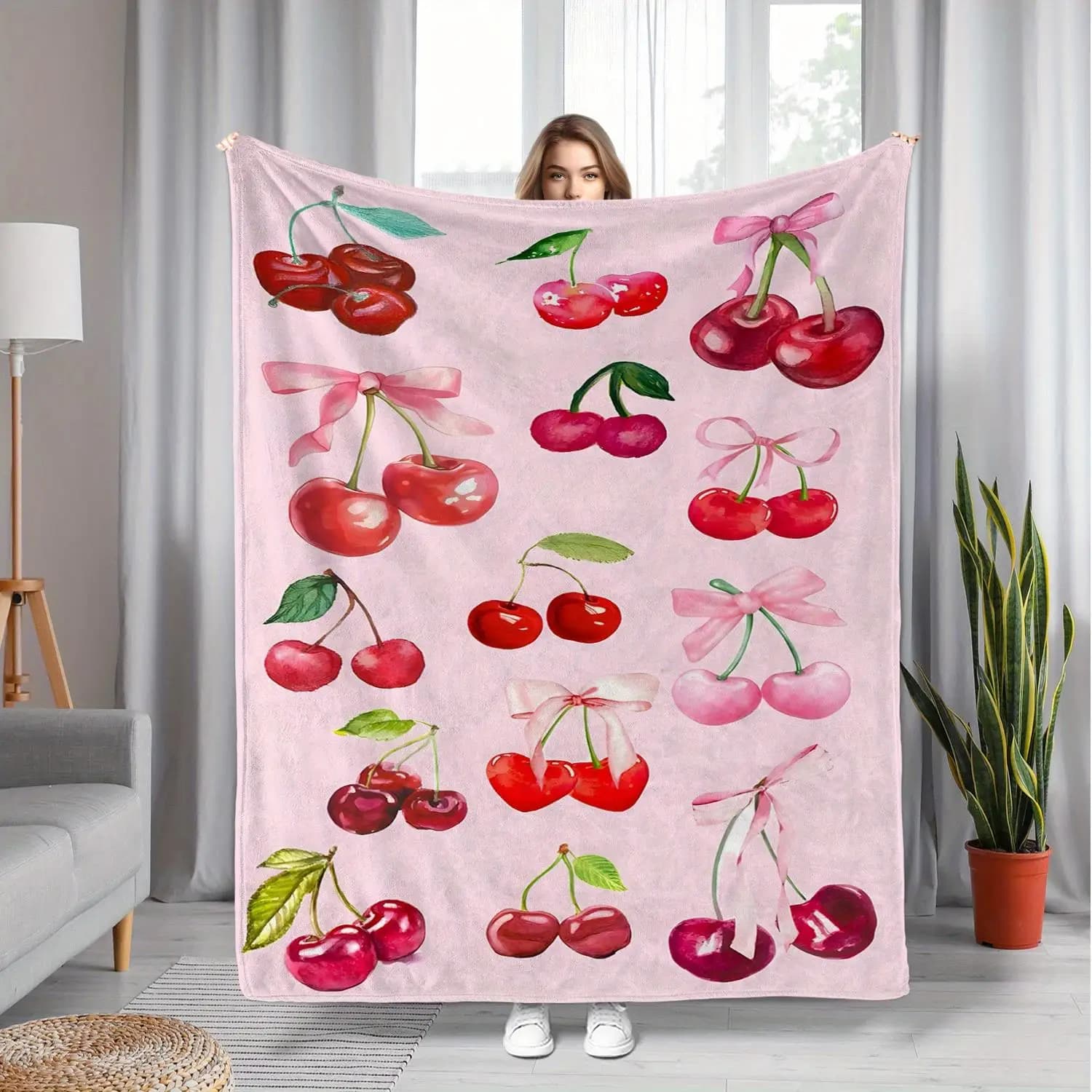 Red cherry design pattern Flannel printed blanket suitable for all seasons suitable for living room office sofa and travel