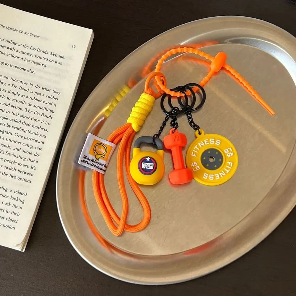 Hand woven fitness keychain with mini disc handlebar, DIY decoration for bag, nylon rope pendant, gifts for gym lovers