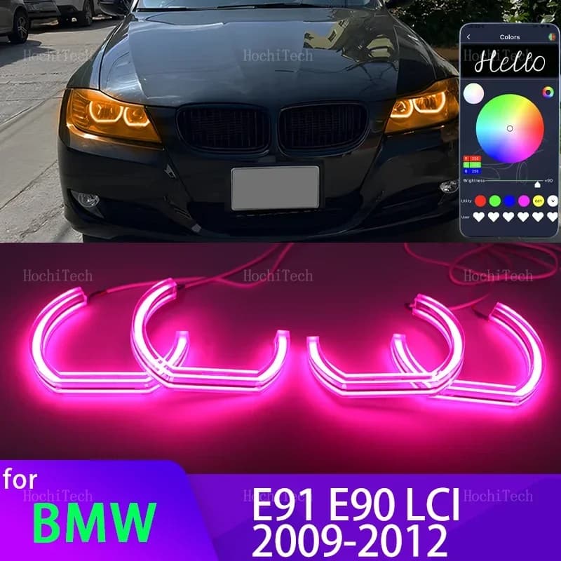 Controllo APP del telefono RGB Multicolor DTM Crystal Led Angel Eyes Anelli per BMW Serie 3 E90 E91 facelift 2009-2012 Faro alogeno