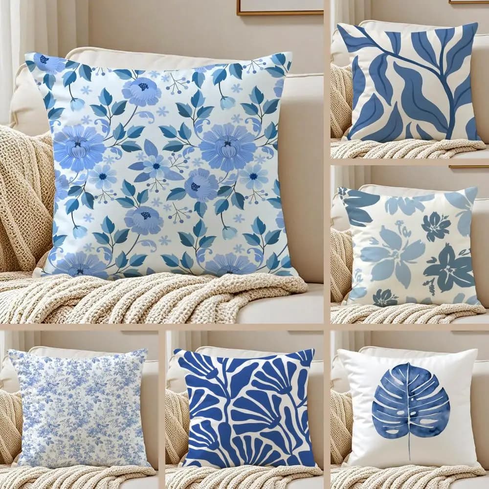 Elegant pillow case with Blue Floral Patterns, Anti-axle, with Invisible Hinge, in Short Satin for Sofa