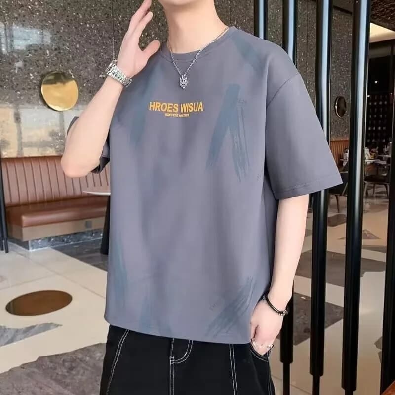 Men's Short Sleeve T-Shirt Summer Thin round Neck Casual Loose Top Fashionable Breathable Polyester Fiber Printed Streetwear