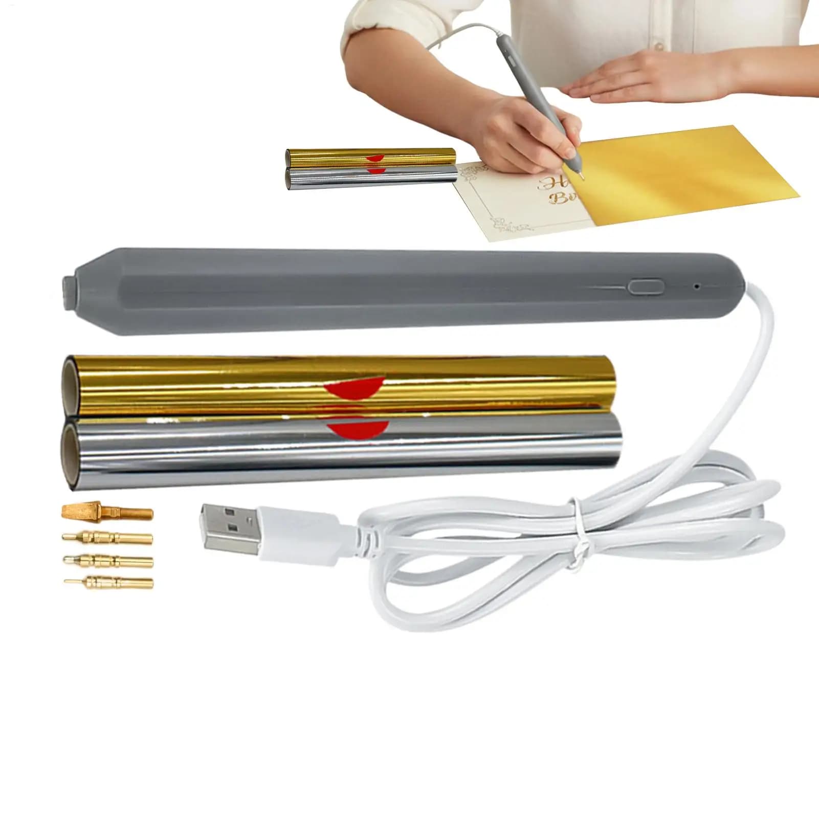 USB Heat Foil Pen Set Stamping Pen for Scrapbooking Tool Kits WIth Gold & Silver Hot Foil Roll Drawing Pen for Scrapbook making