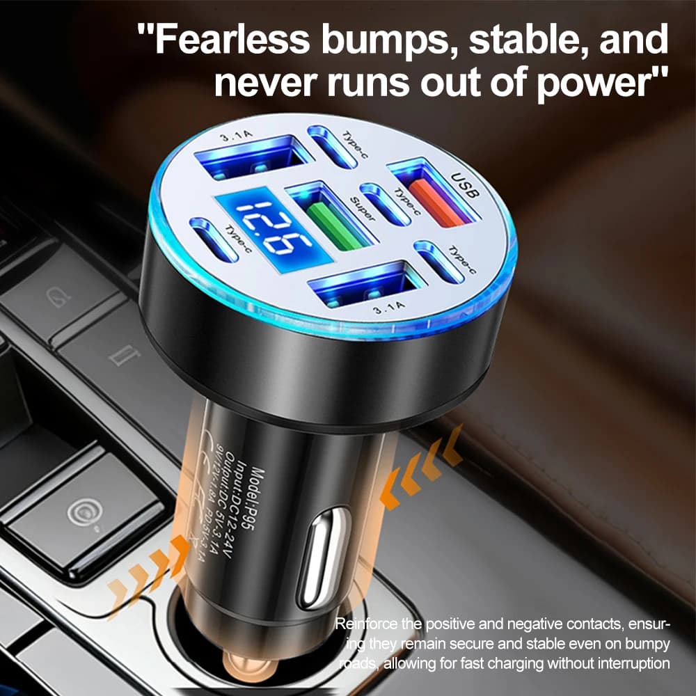 Caricabatterie da auto 66W a 8 porte con ricarica rapida PD QC3.0 USB C, adattatore per telefono con indicatore di tensione per iPhone, Samsung, Huawei, Xiaomi