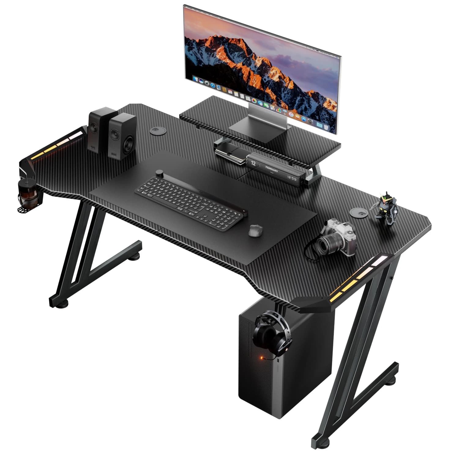 120/140/160 cm Desks, with Headphone Holders & Cup Holders, Ergonomic Computer Desks, Gaming Desks with LED Lighting,Desks with Monitor Stands, Suitable for Both Office and Home Use