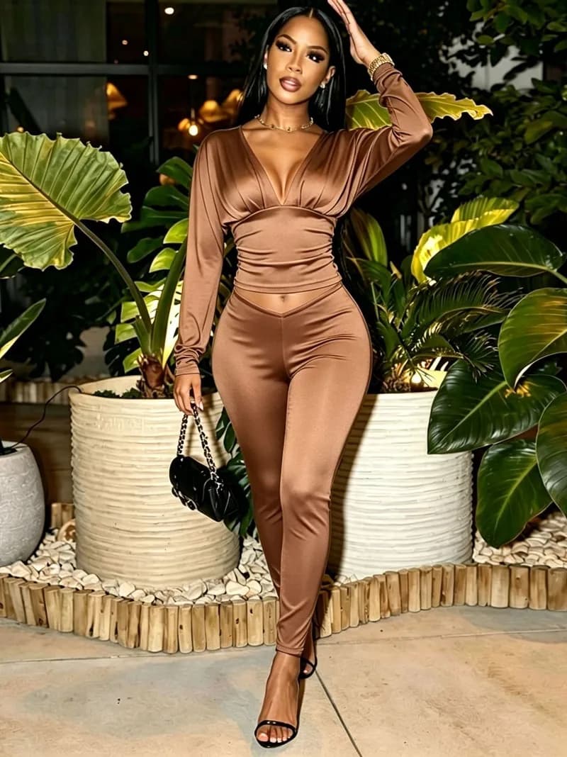 2026 Autumn Women Solid Slim 2 Piece Set Sexy Ruched V-neck Full Sleeve Backless Crop Tops + Skinny Pants Casual Streetwear Suit