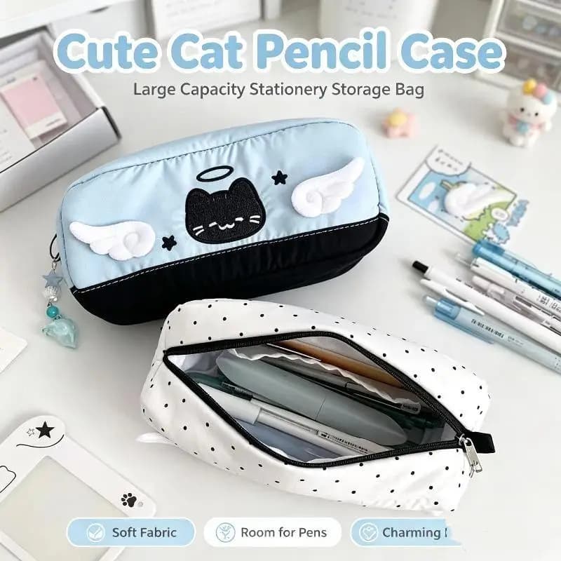 Cute Cartoon Angel Demon Cat Pencil Case Black Polka Dot Large Capacity School Stationery Organizer