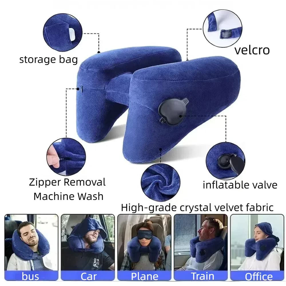 Cuscino per il collo da viaggio gonfiabile a forma di U a forma di H Multitool Cuscino per pisolino con cappuccio Cuscino per il collo per aereo a lunga distanza per auto all'aperto