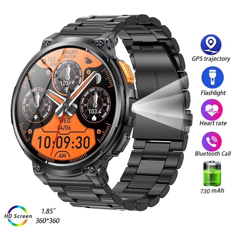 Orologi da polso elettronici per sport all'aria aperta da 1,85 "K66 Smart Watch per uomo 730 mAh Torcia Smartwatch Bracciale fitness Orologio da polso
