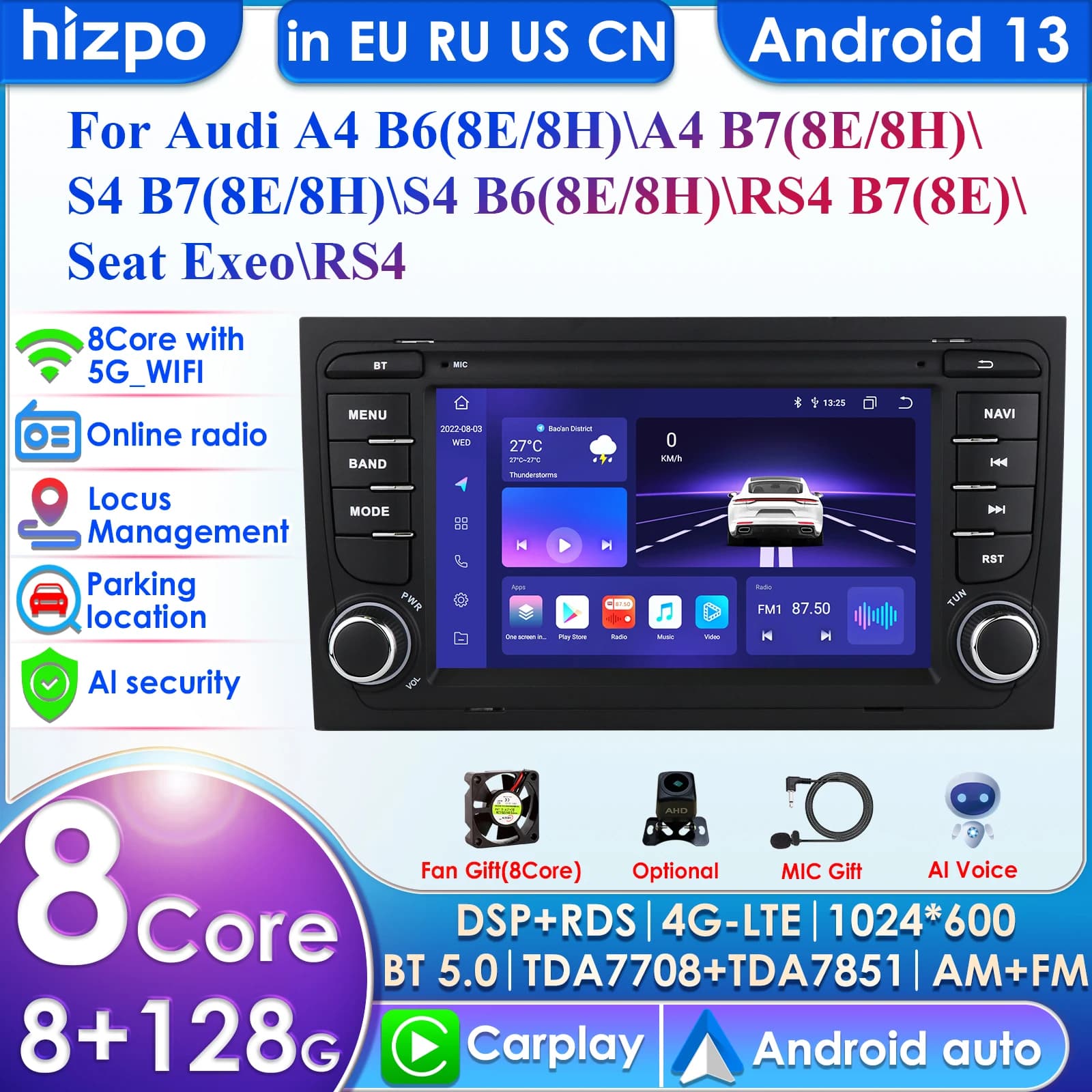 AI 7862 Sistema 2din Android Autoradio per Audi A4 B6 B7 S4 RS4 per Seat Exeo Autoradio Lettore video multimediale GPS Carplay 4G BT