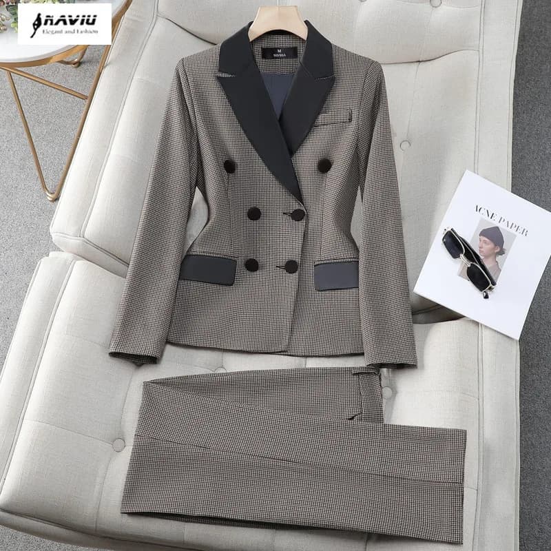 NAVIU Fashion Office Ladies Formal Pant Suit set Women Black Plaid Female Business Work Wear 2 Piece Blazer Jacket and Trouser