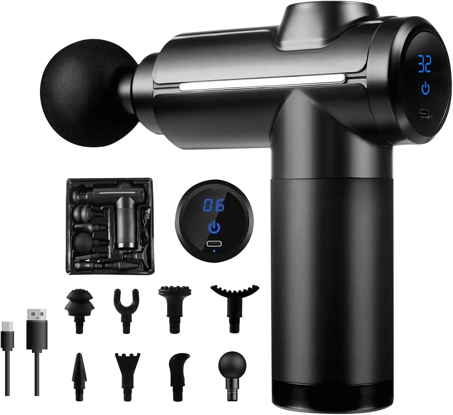 Massage gun Muscle percussion massager of deep tissues, 32 speed with LCD touch screen 8 heads Spalla Body Backrest Relaxation