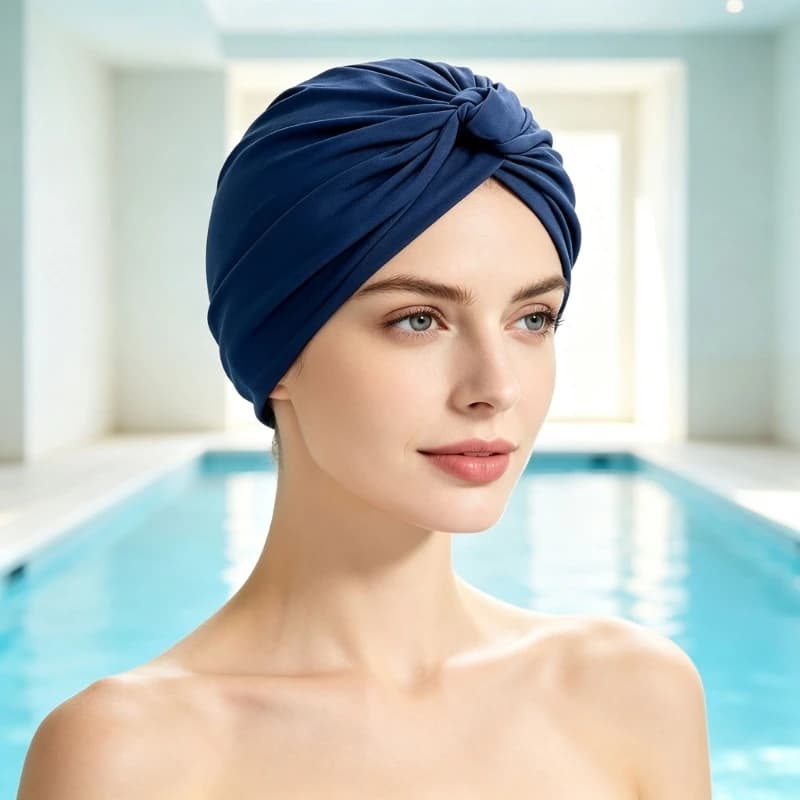 Fabric Swimming Cap for Women for Indoor Pool Use, Ear Cover Pool Hat with Pleated Wrap Design and Pull On Wear 24BD