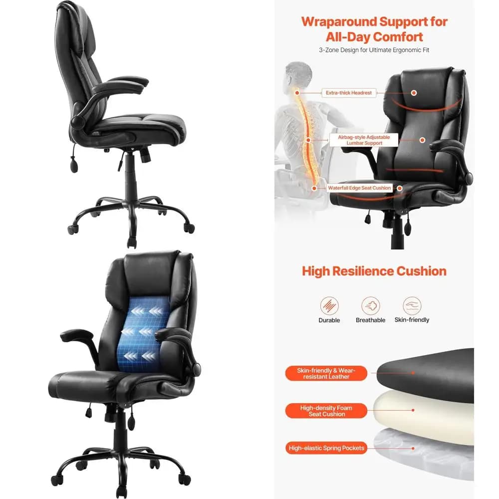 Sedia da Ufficio Ergonomica in Pelle PU con Supporto Lombare, Altezza Regolabile, Braccioli Ribaltabili e Cuscino