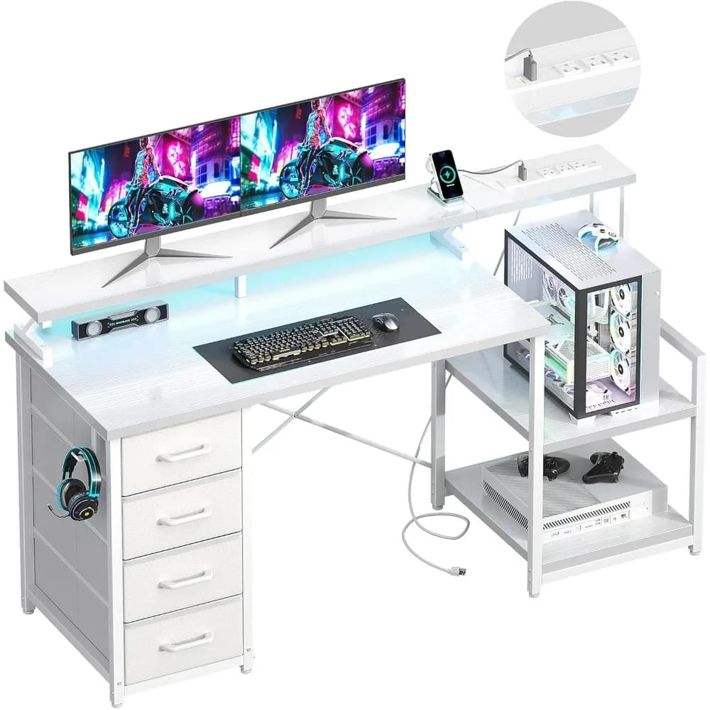 Scrivania da Gaming ODK 55 Pollici con Prese di Corrente e 4 Cassetti, Scrivania per Ufficio Domestico con Supporto Monitor e Ripiani per Stampante, Bianca